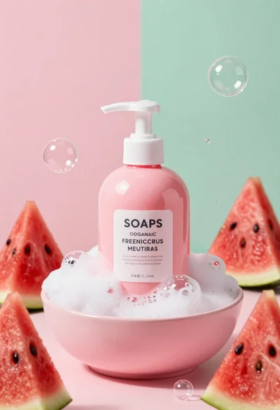 Pink pump bottle of body wash in foam surrounded by watermelon slices