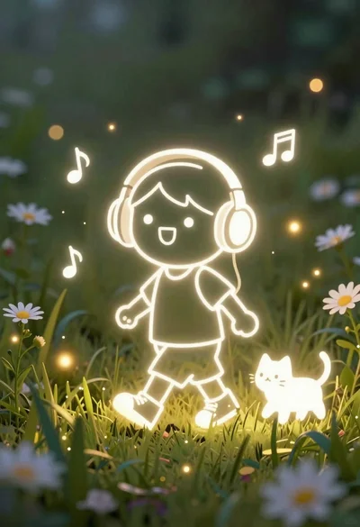 Cartoon child walking with headphones in a grassy field