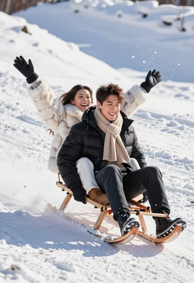 Young couple sliding down snowy hill in wooden sled action shot