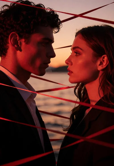 Cinematic portrait of couple facing each other by water at sunset