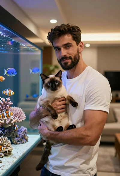 Fit man holding siamese cat near large aquarium with colorful fish