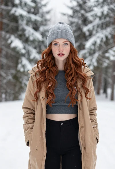 Young woman with red hair standing in a snowy forest