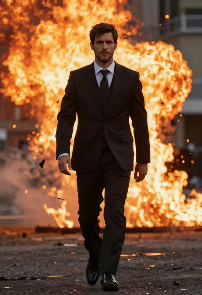 Man in black suit walking toward camera near massive fireball explosion