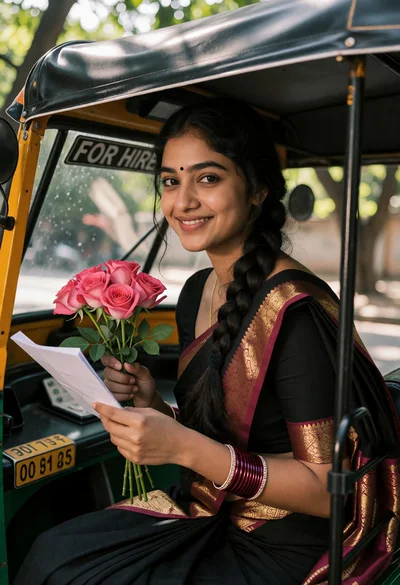 Young woman in black saree sitting inside auto rickshaw with pink roses