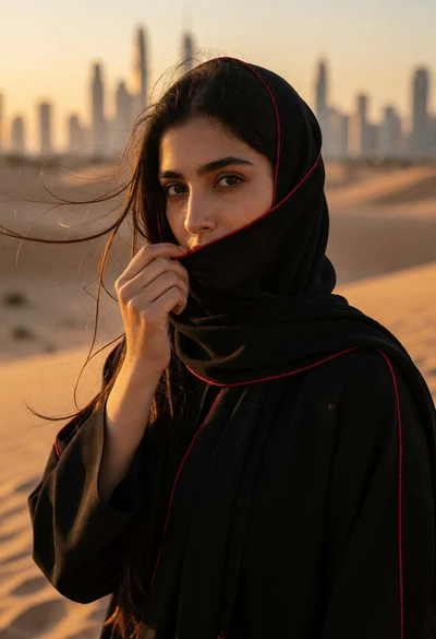 Young woman in black abaya desert landscape at sunset with city skyline