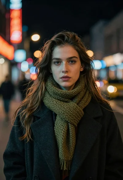 Medium close up portrait of young woman in coat on city street