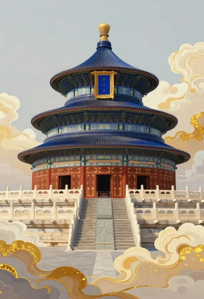 Majestic threetiered chinese temple on marble platform surrounded by golden clouds