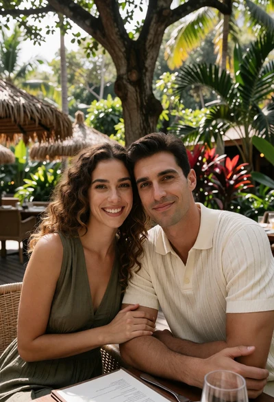 Couple seated closely at outdoor restaurant table under lush greenery