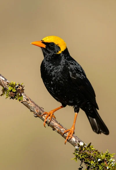 Close up profile shot of yellow headed myna on moss covered branch