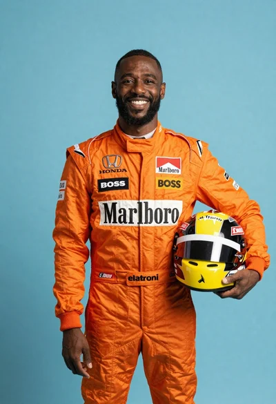 Smiling black man in racing suit holding f1 helmet