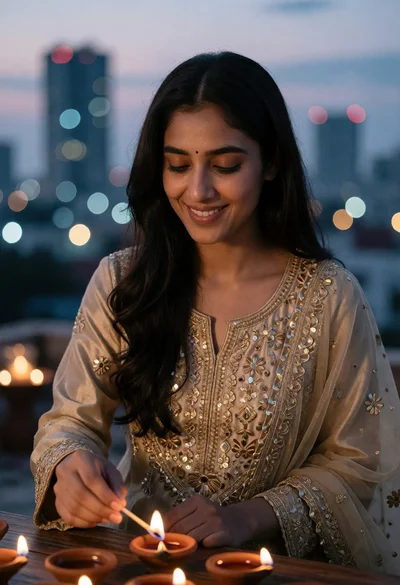 Woman lighting oil lamps on rooftop terrace at dusk with city skyline