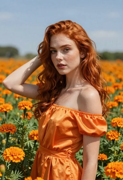 Woman with red hair standing among orange marigolds