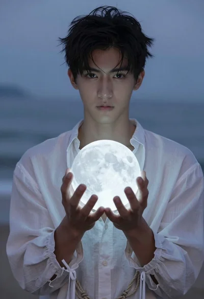 Young man with dark hair holding a glowing moon over sea