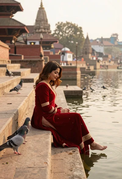 Woman in red dress sitting on stone steps by water at sunset