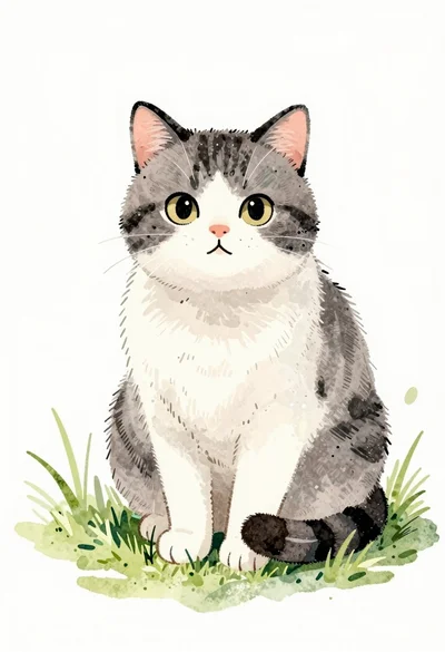 Watercolor illustration of a cat sitting in grass