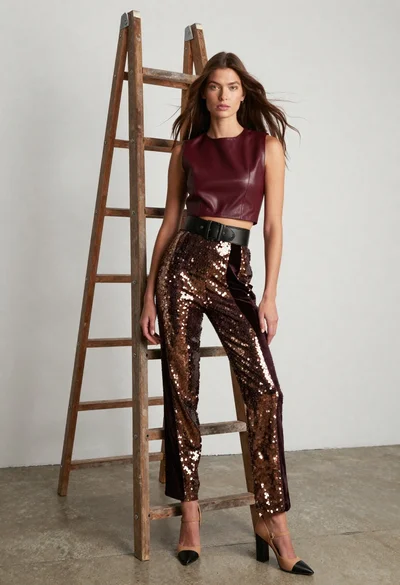 Fashion model leaning on wooden ladder in studio setting