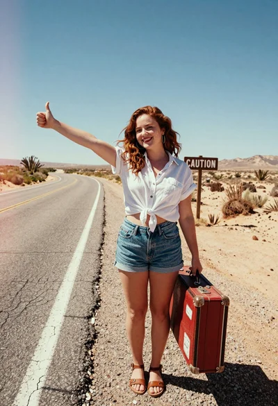 Smiling woman hitchhiking on winding desert road with vintage suitcase