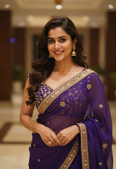 Young woman in purple embroidered saree standing indoors with warm smile