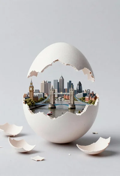 Miniature london cityscape inside cracked eggshell