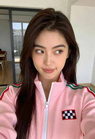 Close up selfie of young woman in pink track jacket indoors
