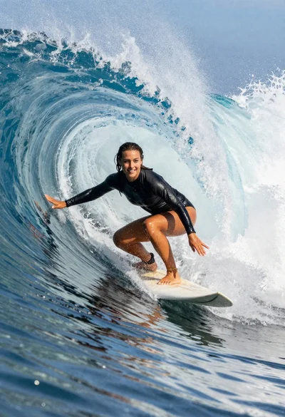 Young woman surfing inside a massive curling ocean barrel wave