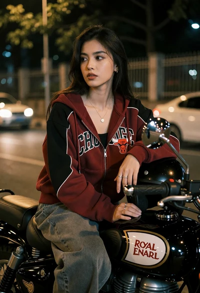 Young woman on black motorcycle in urban street at night