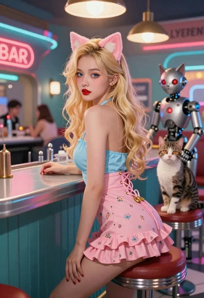 Woman with cat ears at a retro futuristic bar