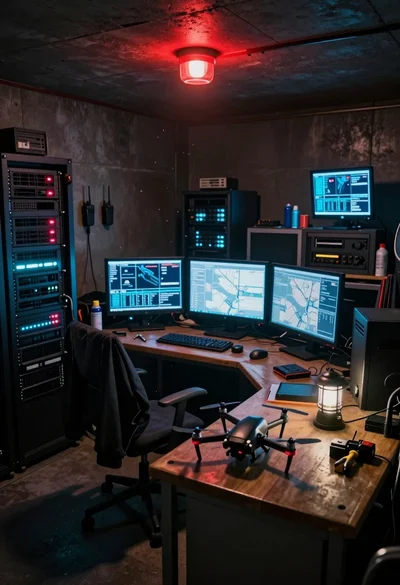 Cluttered underground command center with drone monitors and server racks
