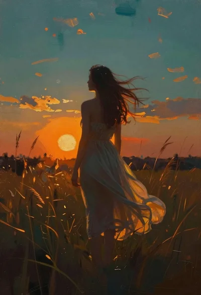 Woman silhouette in tall grass at sunset