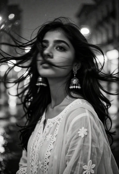 Black and white portrait of woman with windblown hair against city lights