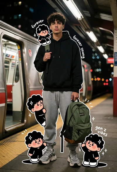 Young man on subway platform with train and cartoon characters at night