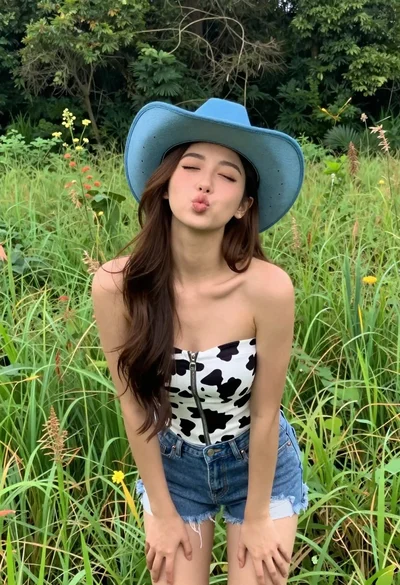 Young woman in cow print top standing in green meadow field