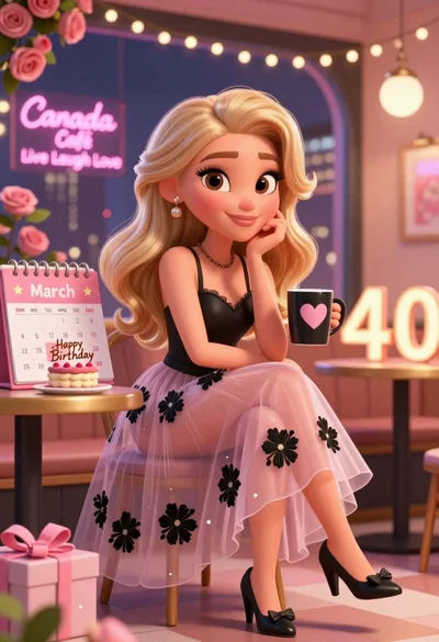 Blonde woman in cafe celebrating her fortieth birthday with cake