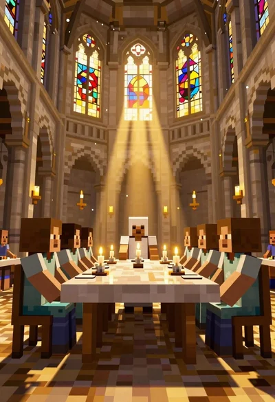 Voxel cathedral dining hall with figures at table