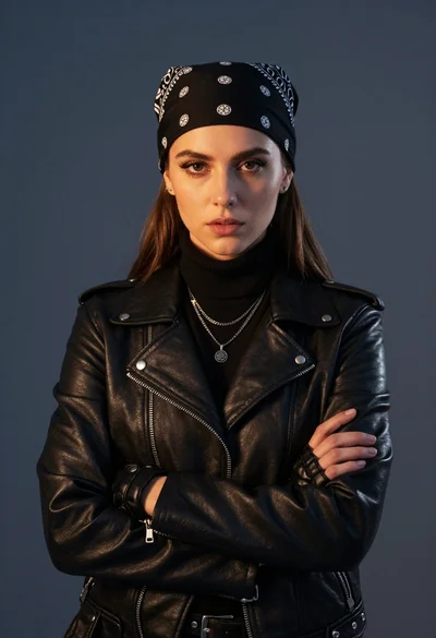 Medium close up of young woman in black leather jacket against dark