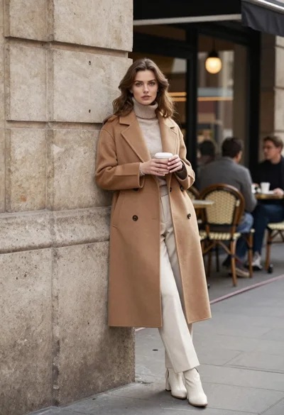Stylish woman in camel coat leaning on stone building corner street