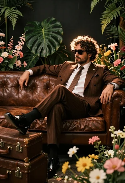 Man in pinstripe suit lounges on leather sofa with vintage trunks and