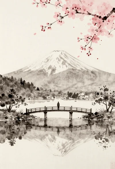 Solitary figure on bridge with mount fuji and cherry blossoms