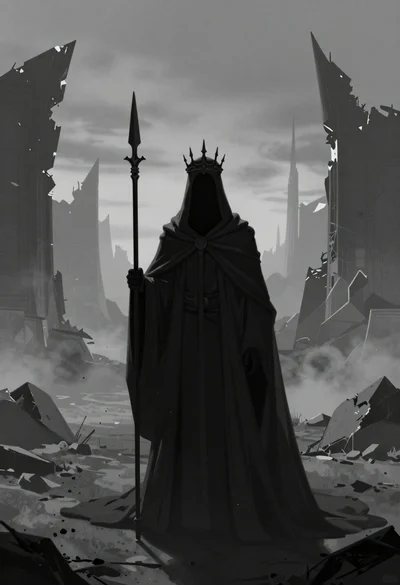 Mysterious hooded figure in desolate ruined landscape