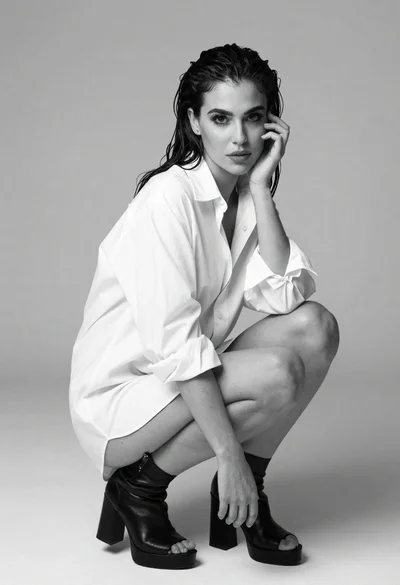 Monochrome studio portrait of woman crouching low on grey floor