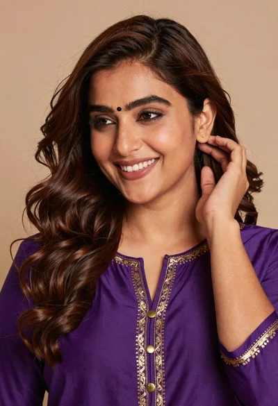 Close up portrait of smiling woman with brown hair wearing purple embroidered