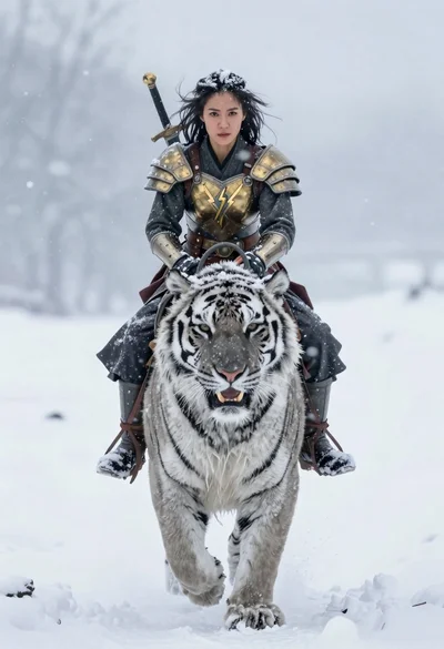 Woman riding snowy tiger through heavy falling snow
