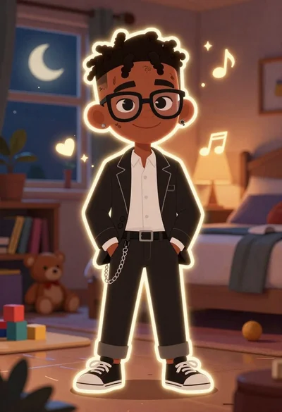 Young black boy in black suit standing in a cozy bedroom at