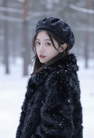 Young woman in black fur coat looking over shoulder in snowy forest