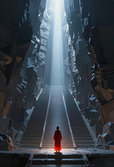 Lone figure in red robes at bottom of massive canyon