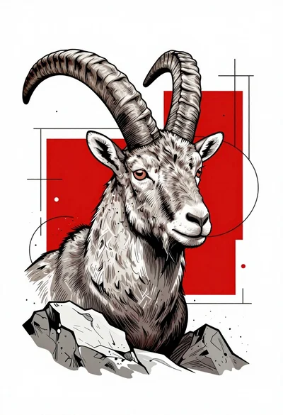 Line art head of an ibex among abstract geometric shapes