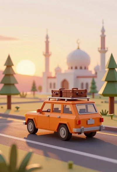 Low poly orange station wagon loaded with luggage driving on road at