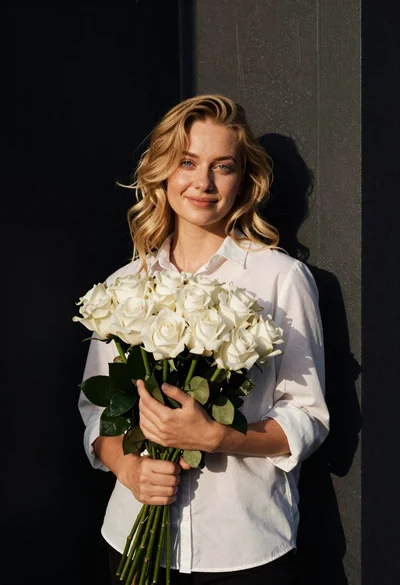 Blonde woman holding white roses against a dark textured wall