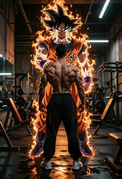 Muscular man in gym facing fiery spirit of goku from dragon ball