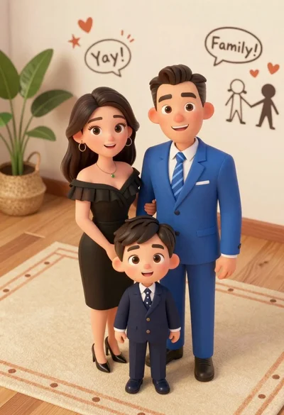 High angle shot of stylized family portrait in royal blue suit and